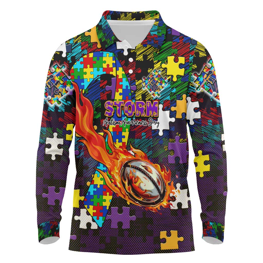 Storm Autism Awareness Long Sleeve Polo Shirt Puzzle Flames Rugby Ball