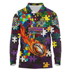 Storm Autism Awareness Long Sleeve Polo Shirt Puzzle Flames Rugby Ball