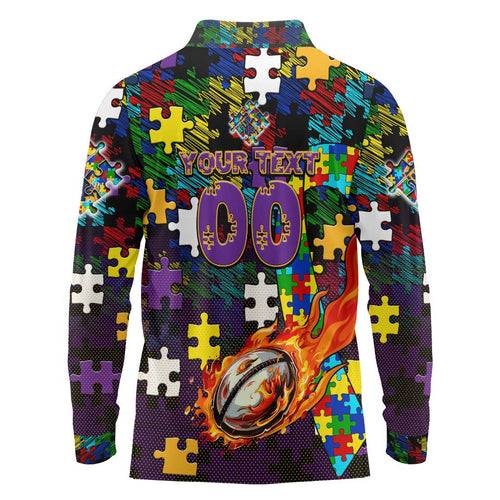 Storm Autism Awareness Long Sleeve Polo Shirt Puzzle Flames Rugby Ball