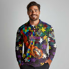 Storm Autism Awareness Long Sleeve Polo Shirt Puzzle Flames Rugby Ball