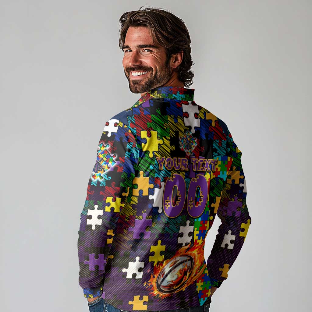 Storm Autism Awareness Long Sleeve Polo Shirt Puzzle Flames Rugby Ball
