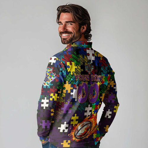 Storm Autism Awareness Long Sleeve Polo Shirt Puzzle Flames Rugby Ball