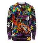 Storm Autism Awareness Long Sleeve Shirt Puzzle Flames Rugby Ball