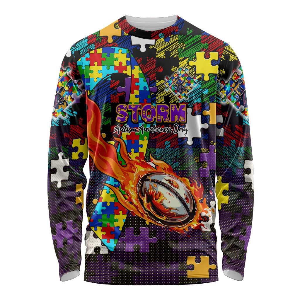 Storm Autism Awareness Long Sleeve Shirt Puzzle Flames Rugby Ball