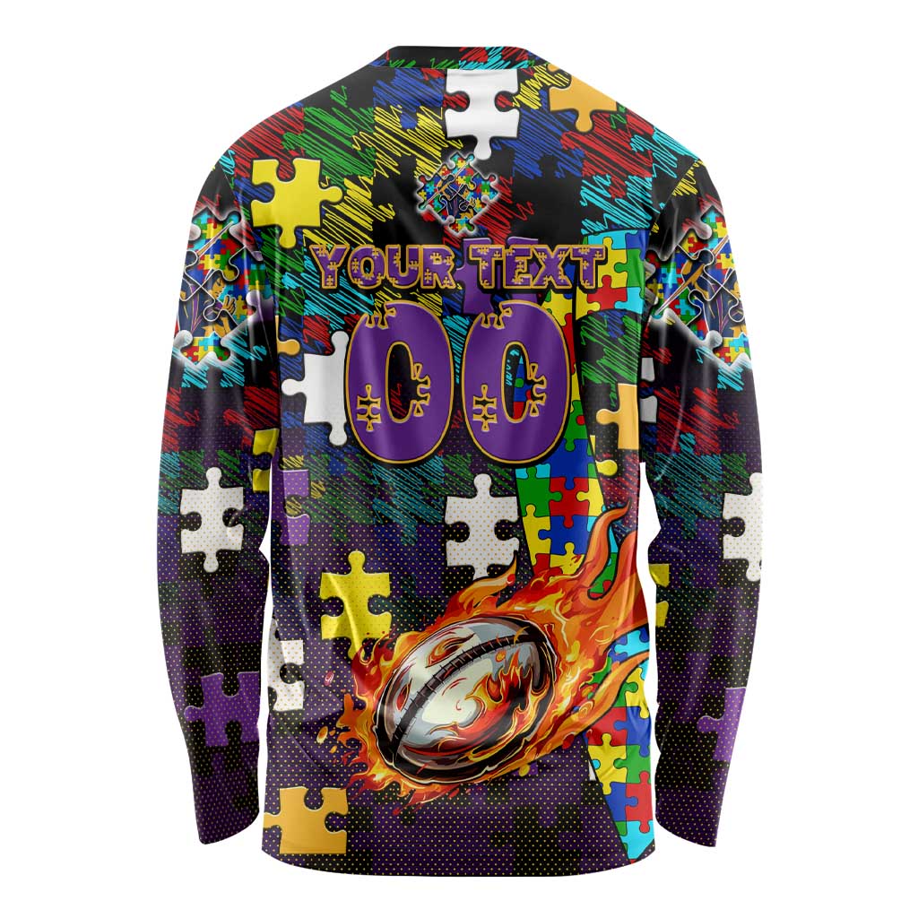 Storm Autism Awareness Long Sleeve Shirt Puzzle Flames Rugby Ball