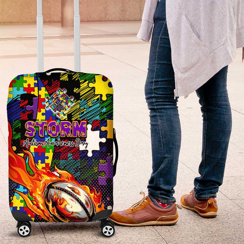 Storm Autism Awareness Luggage Cover Puzzle Flames Rugby Ball