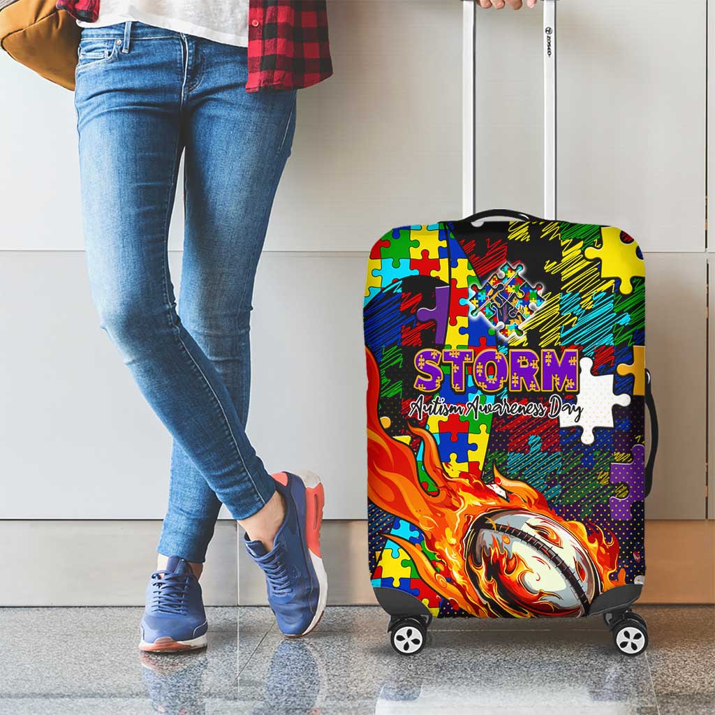 Storm Autism Awareness Luggage Cover Puzzle Flames Rugby Ball