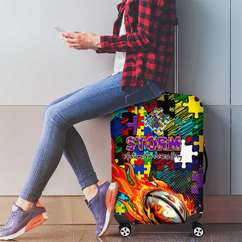 Storm Autism Awareness Luggage Cover Puzzle Flames Rugby Ball