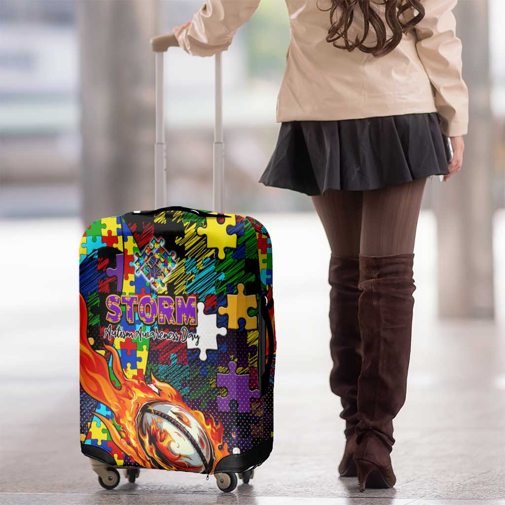 Storm Autism Awareness Luggage Cover Puzzle Flames Rugby Ball