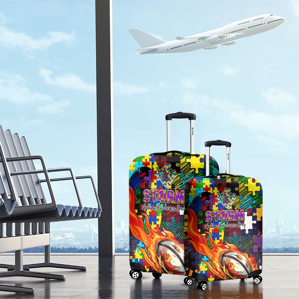 Storm Autism Awareness Luggage Cover Puzzle Flames Rugby Ball