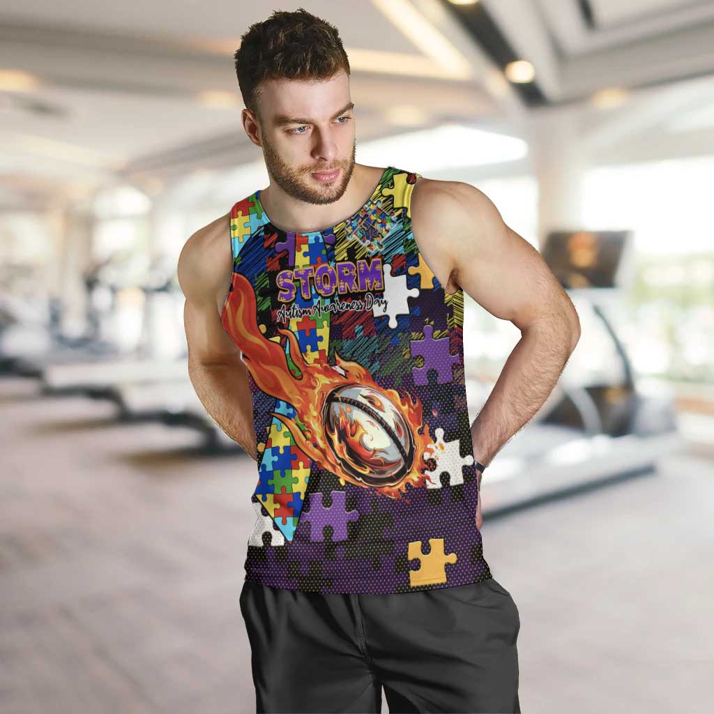 Storm Autism Awareness Men Tank Top Puzzle Flames Rugby Ball