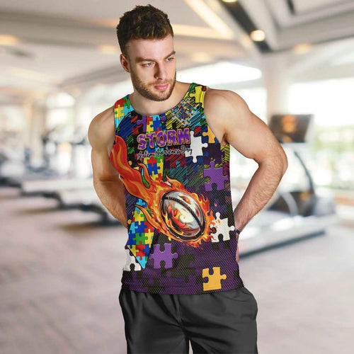 Storm Autism Awareness Men Tank Top Puzzle Flames Rugby Ball