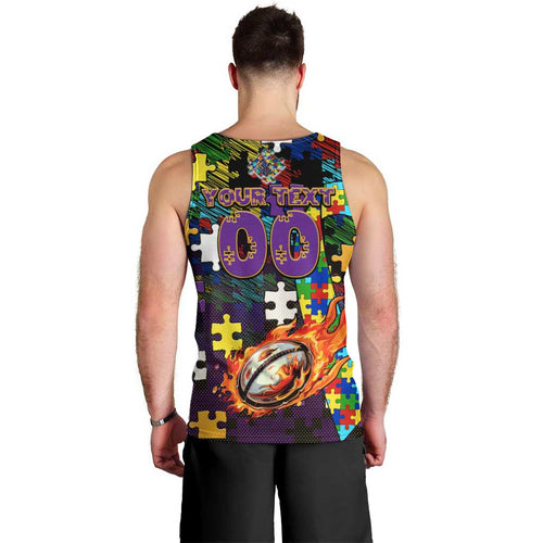 Storm Autism Awareness Men Tank Top Puzzle Flames Rugby Ball