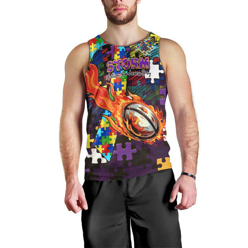 Storm Autism Awareness Men Tank Top Puzzle Flames Rugby Ball