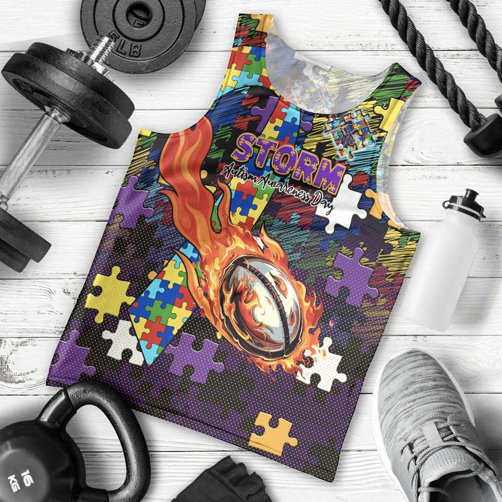 Storm Autism Awareness Men Tank Top Puzzle Flames Rugby Ball
