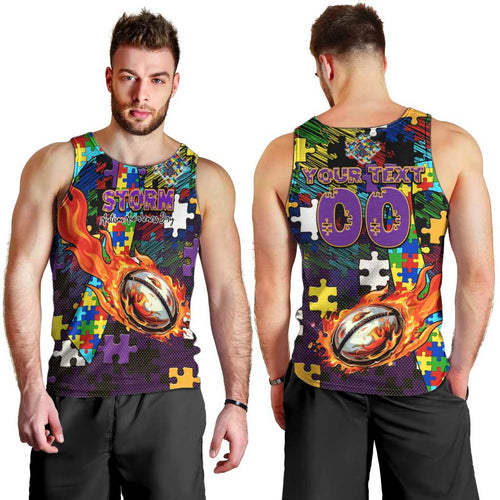 Storm Autism Awareness Men Tank Top Puzzle Flames Rugby Ball