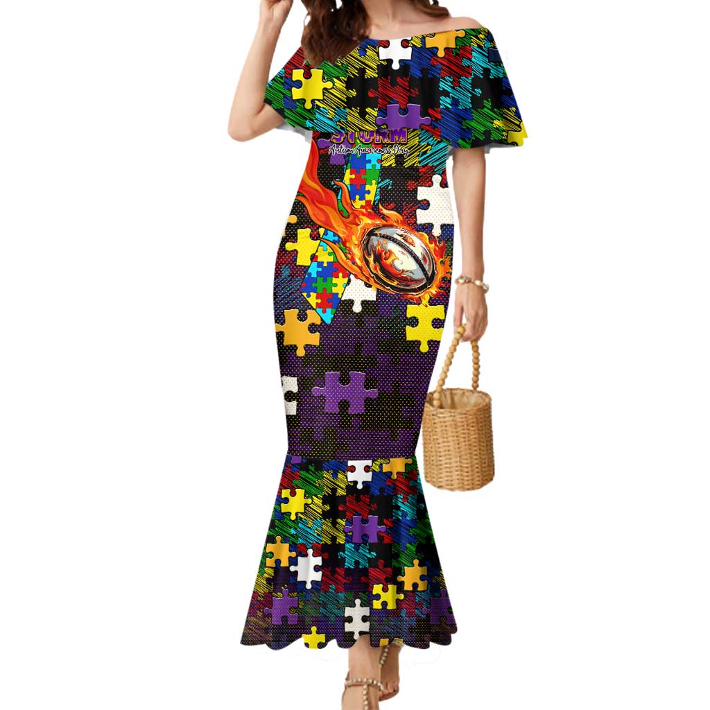 Storm Autism Awareness Mermaid Dress Puzzle Flames Rugby Ball