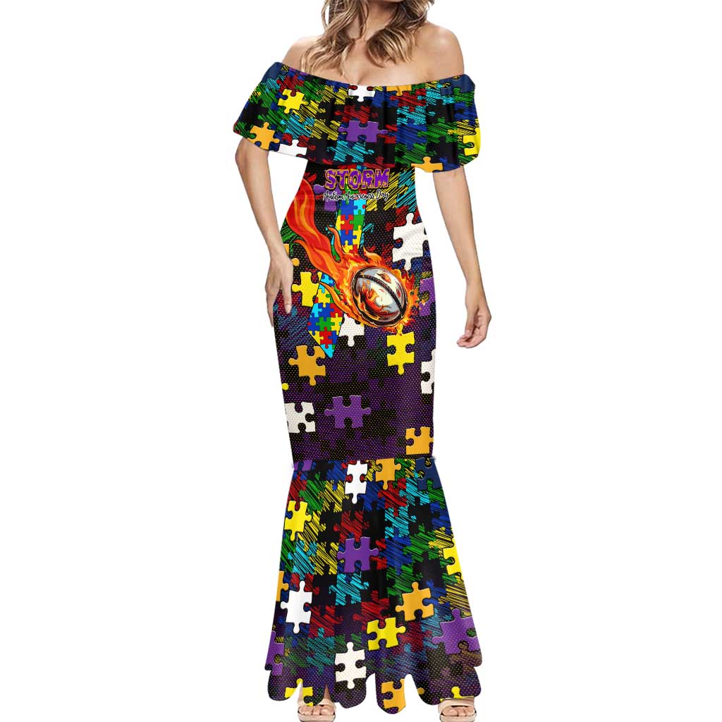 Storm Autism Awareness Mermaid Dress Puzzle Flames Rugby Ball
