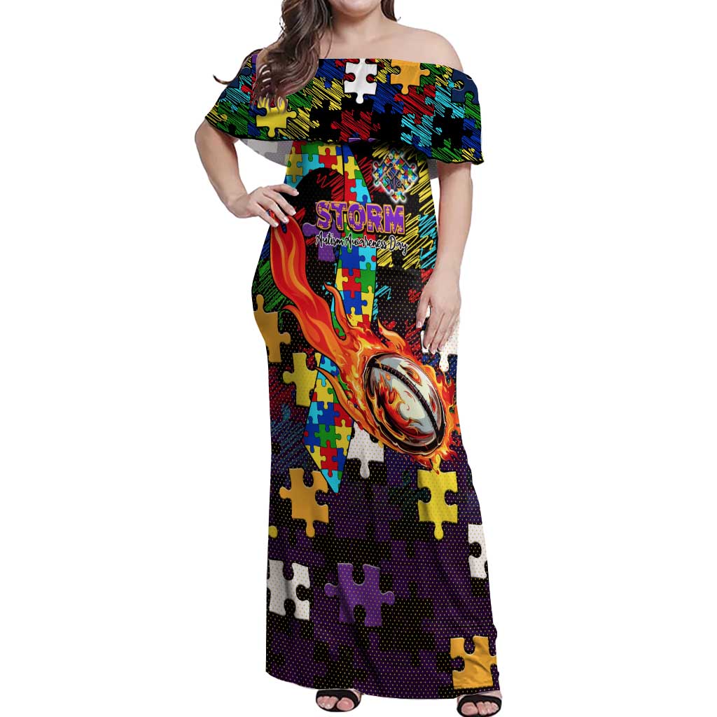 Storm Autism Awareness Off Shoulder Maxi Dress Puzzle Flames Rugby Ball