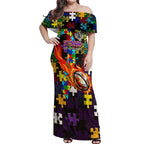 Storm Autism Awareness Off Shoulder Maxi Dress Puzzle Flames Rugby Ball