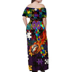 Storm Autism Awareness Off Shoulder Maxi Dress Puzzle Flames Rugby Ball