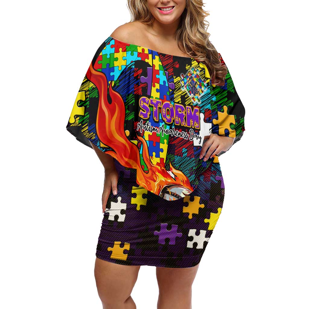 Storm Autism Awareness Off Shoulder Short Dress Puzzle Flames Rugby Ball