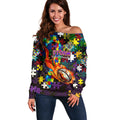 Storm Autism Awareness Off Shoulder Sweater Puzzle Flames Rugby Ball