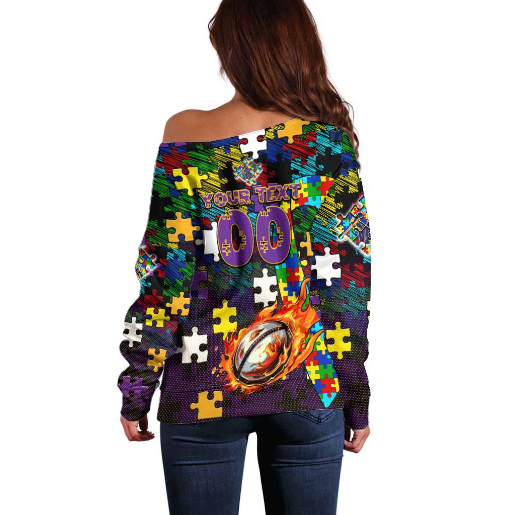 Storm Autism Awareness Off Shoulder Sweater Puzzle Flames Rugby Ball