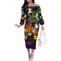 Storm Autism Awareness Off The Shoulder Long Sleeve Dress Puzzle Flames Rugby Ball