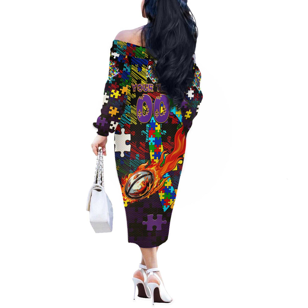 Storm Autism Awareness Off The Shoulder Long Sleeve Dress Puzzle Flames Rugby Ball