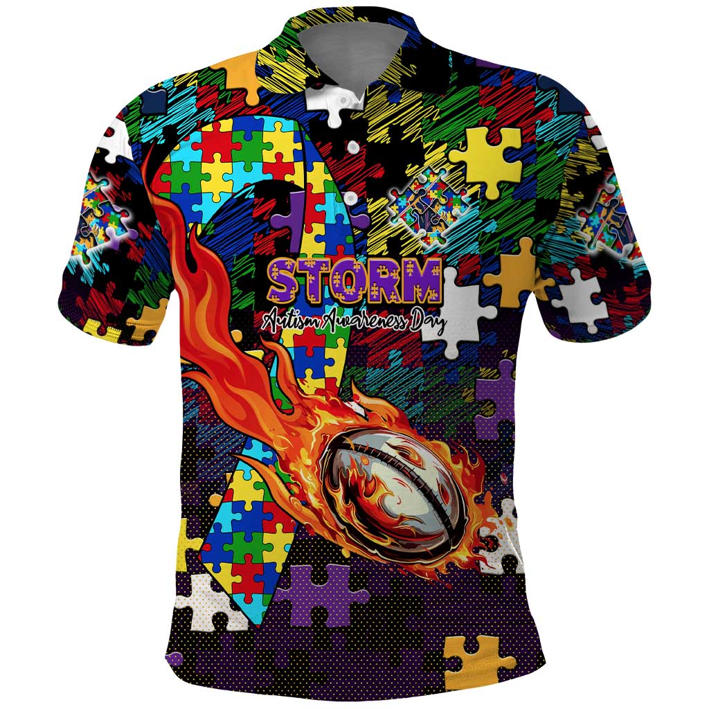 Storm Autism Awareness Polo Shirt Puzzle Flames Rugby Ball