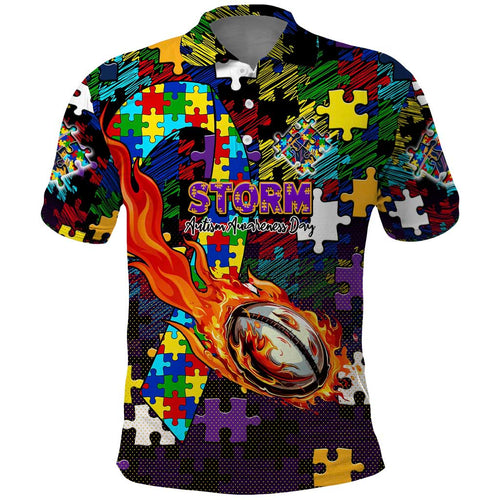 Storm Autism Awareness Polo Shirt Puzzle Flames Rugby Ball
