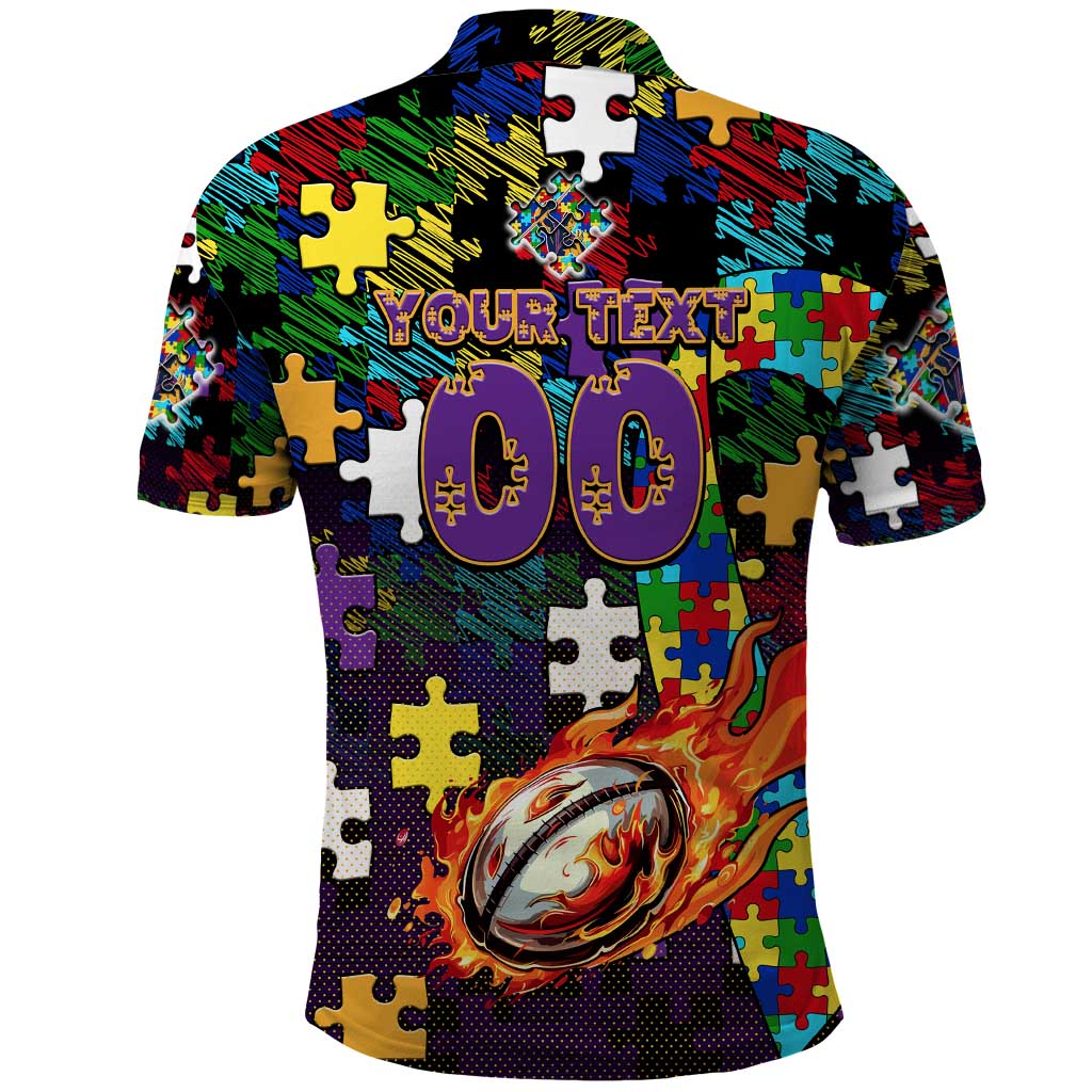 Storm Autism Awareness Polo Shirt Puzzle Flames Rugby Ball