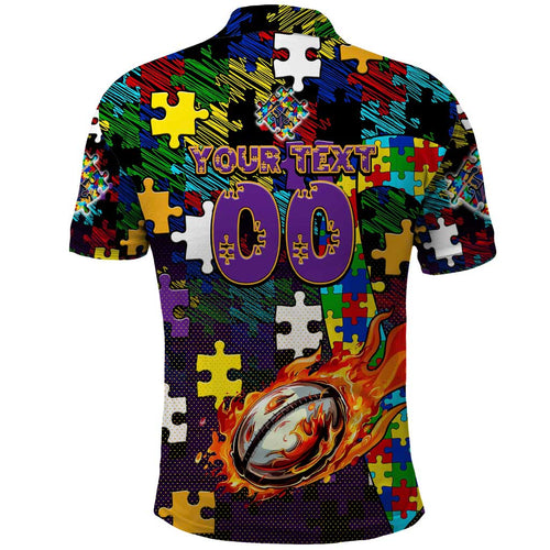 Storm Autism Awareness Polo Shirt Puzzle Flames Rugby Ball