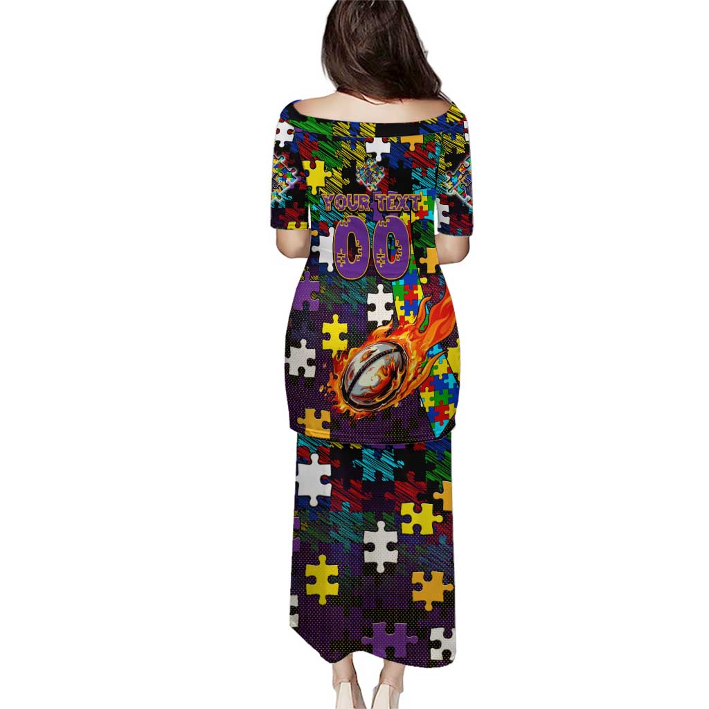 Storm Autism Awareness Puletasi Puzzle Flames Rugby Ball
