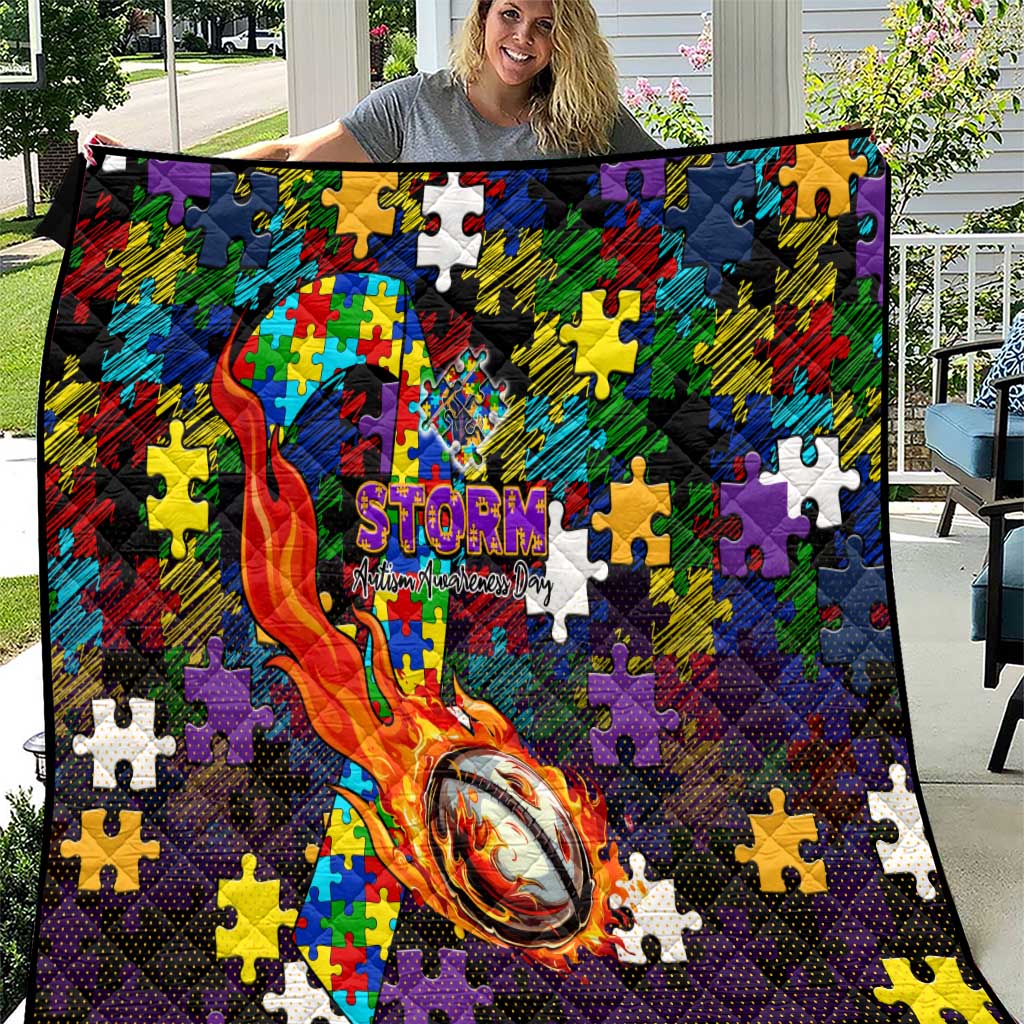 Storm Autism Awareness Quilt Puzzle Flames Rugby Ball