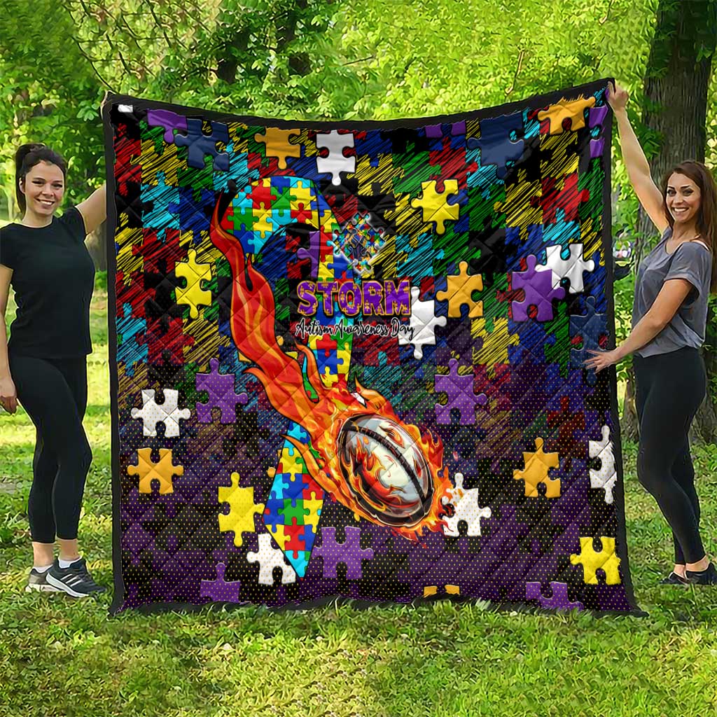 Storm Autism Awareness Quilt Puzzle Flames Rugby Ball