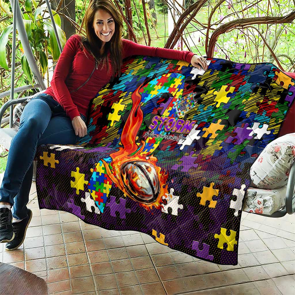 Storm Autism Awareness Quilt Puzzle Flames Rugby Ball