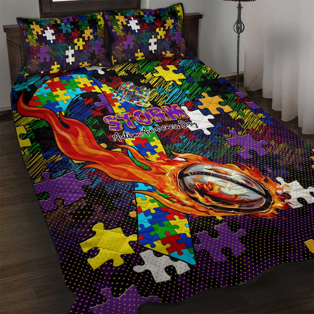 Storm Autism Awareness Quilt Bed Set Puzzle Flames Rugby Ball