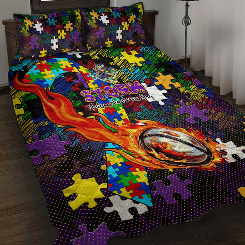 Storm Autism Awareness Quilt Bed Set Puzzle Flames Rugby Ball