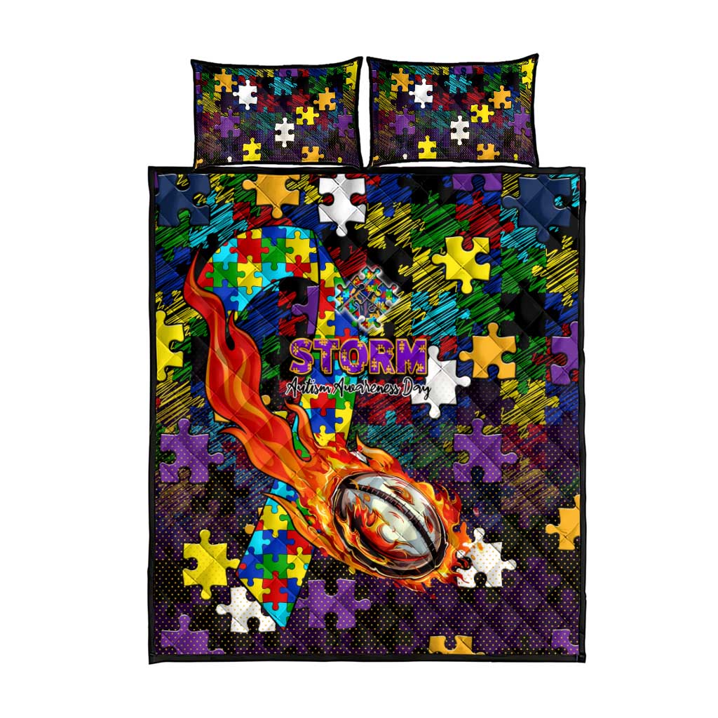 Storm Autism Awareness Quilt Bed Set Puzzle Flames Rugby Ball