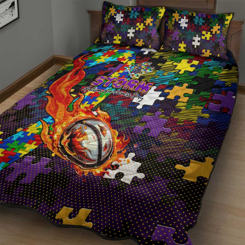 Storm Autism Awareness Quilt Bed Set Puzzle Flames Rugby Ball