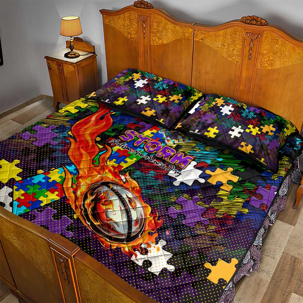 Storm Autism Awareness Quilt Bed Set Puzzle Flames Rugby Ball
