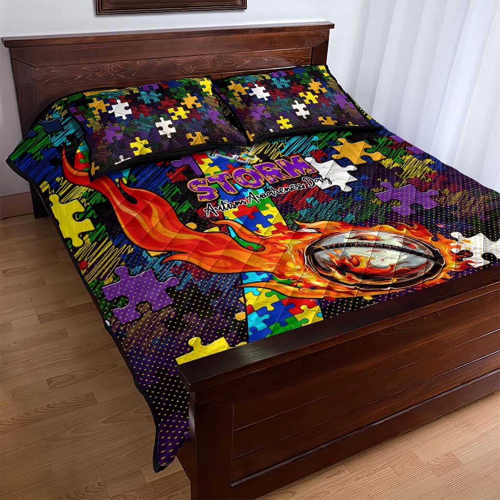 Storm Autism Awareness Quilt Bed Set Puzzle Flames Rugby Ball