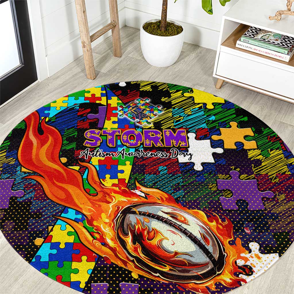 Storm Autism Awareness Round Carpet Puzzle Flames Rugby Ball