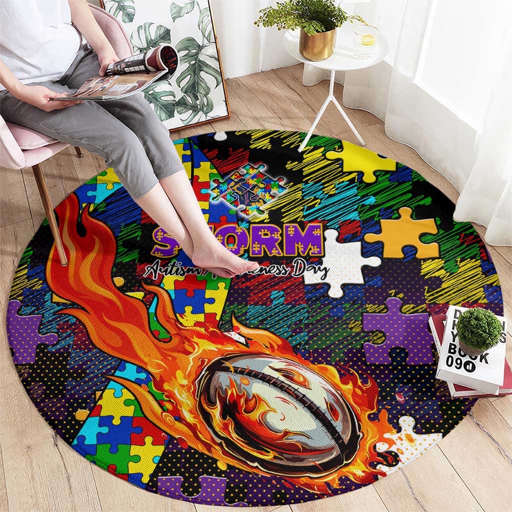 Storm Autism Awareness Round Carpet Puzzle Flames Rugby Ball