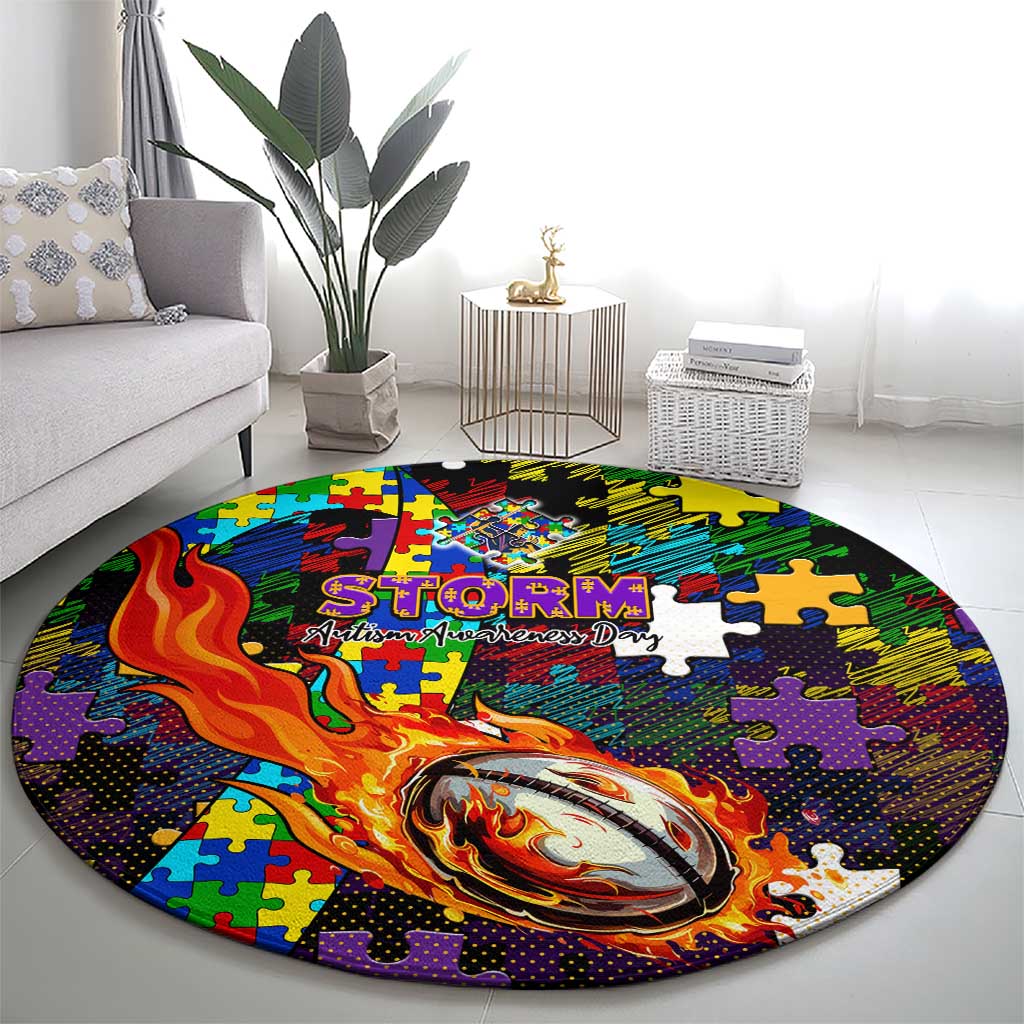 Storm Autism Awareness Round Carpet Puzzle Flames Rugby Ball