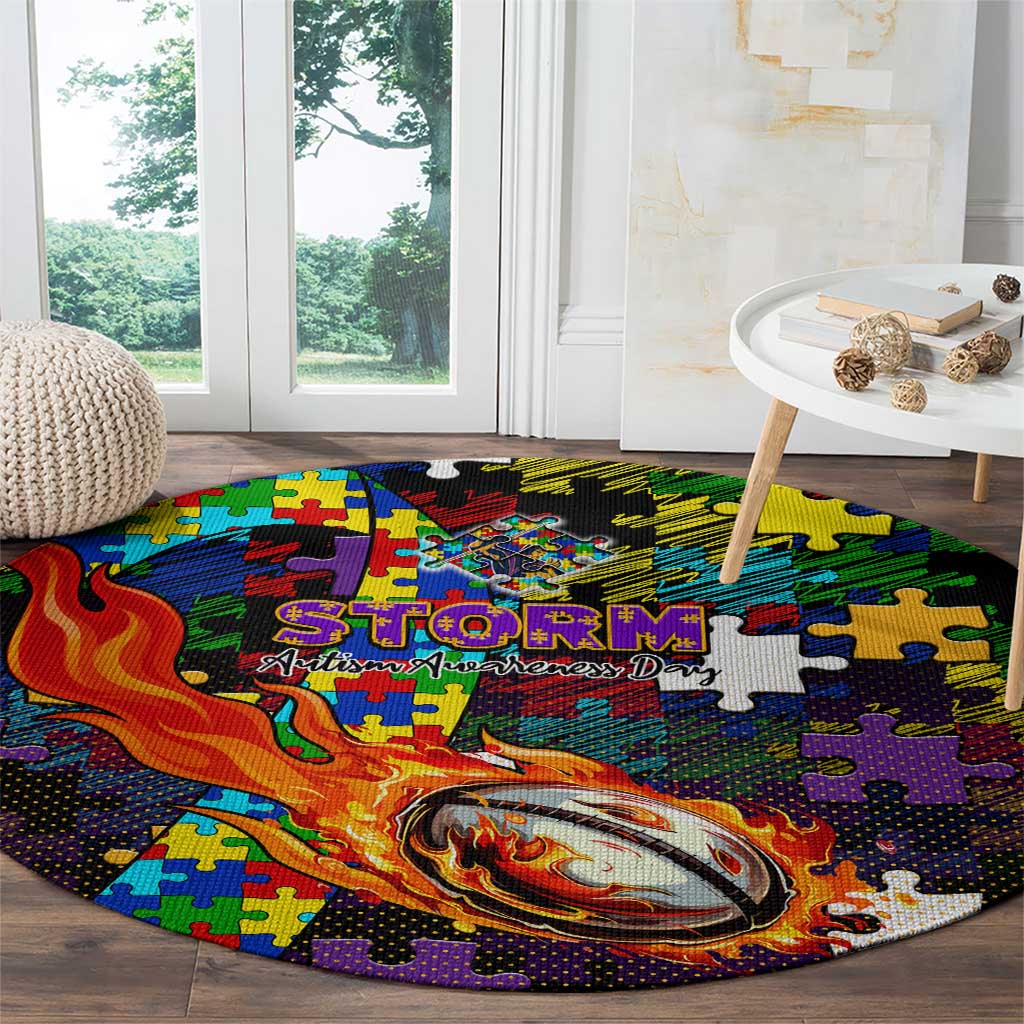 Storm Autism Awareness Round Carpet Puzzle Flames Rugby Ball