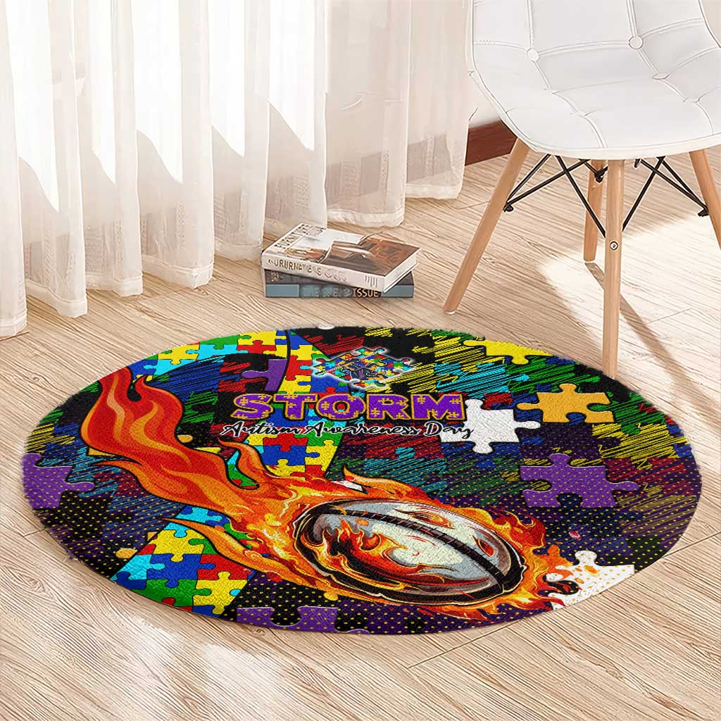 Storm Autism Awareness Round Carpet Puzzle Flames Rugby Ball