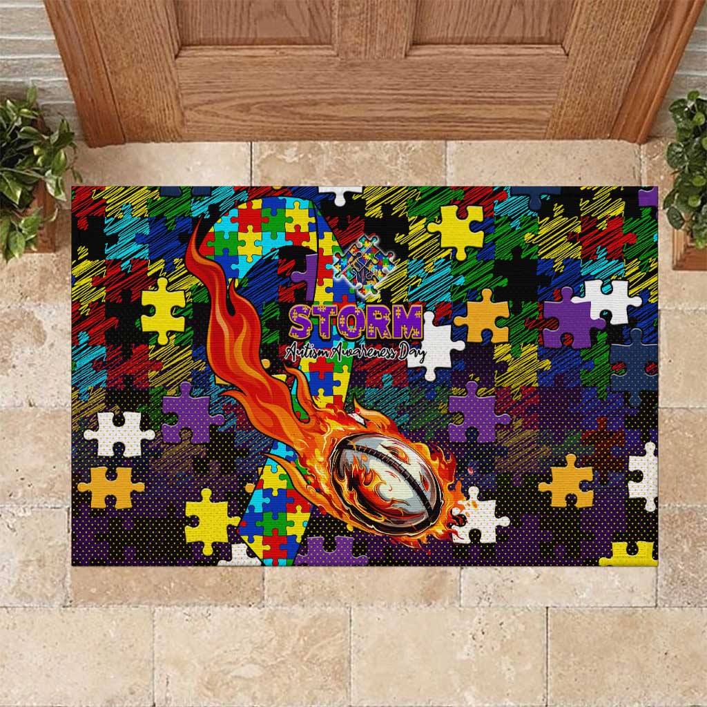 Storm Autism Awareness Rubber Doormat Puzzle Flames Rugby Ball